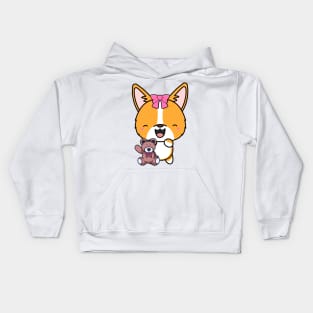 Cute corgi holds a teddy bear Kids Hoodie